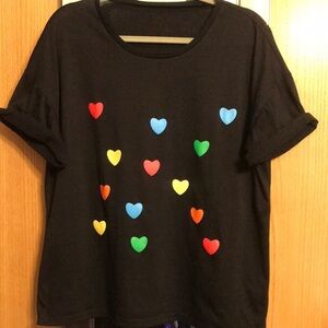 Shein Curve 0XL black short sleeve tee shirt with multi color hearts